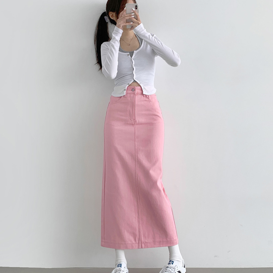 Длинная хлопковая юбка H-силуэта с разрезом и эластичной спинкой