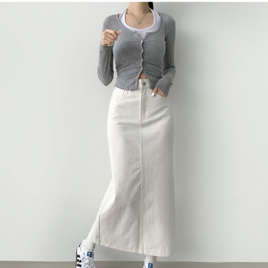 Длинная хлопковая юбка H-силуэта с разрезом и эластичной спинкой