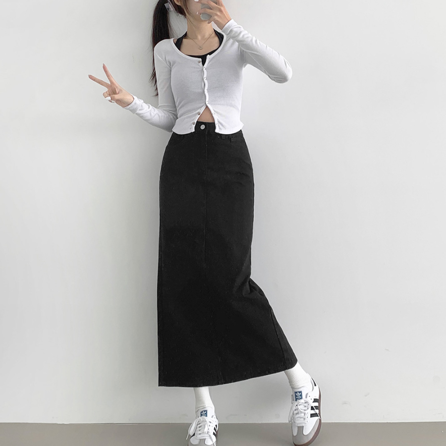 Длинная хлопковая юбка H-силуэта с разрезом и эластичной спинкой