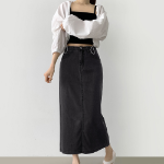 Летняя джинсовая юбка H-силуэта из тенсела с разрезом сзади и стрейчем по всей длине