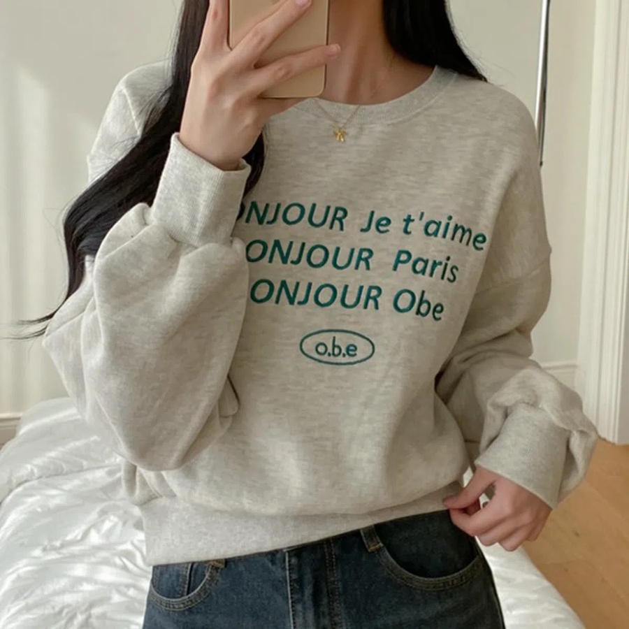 Bonjour Embroidered Fleece Sweatshirt T
