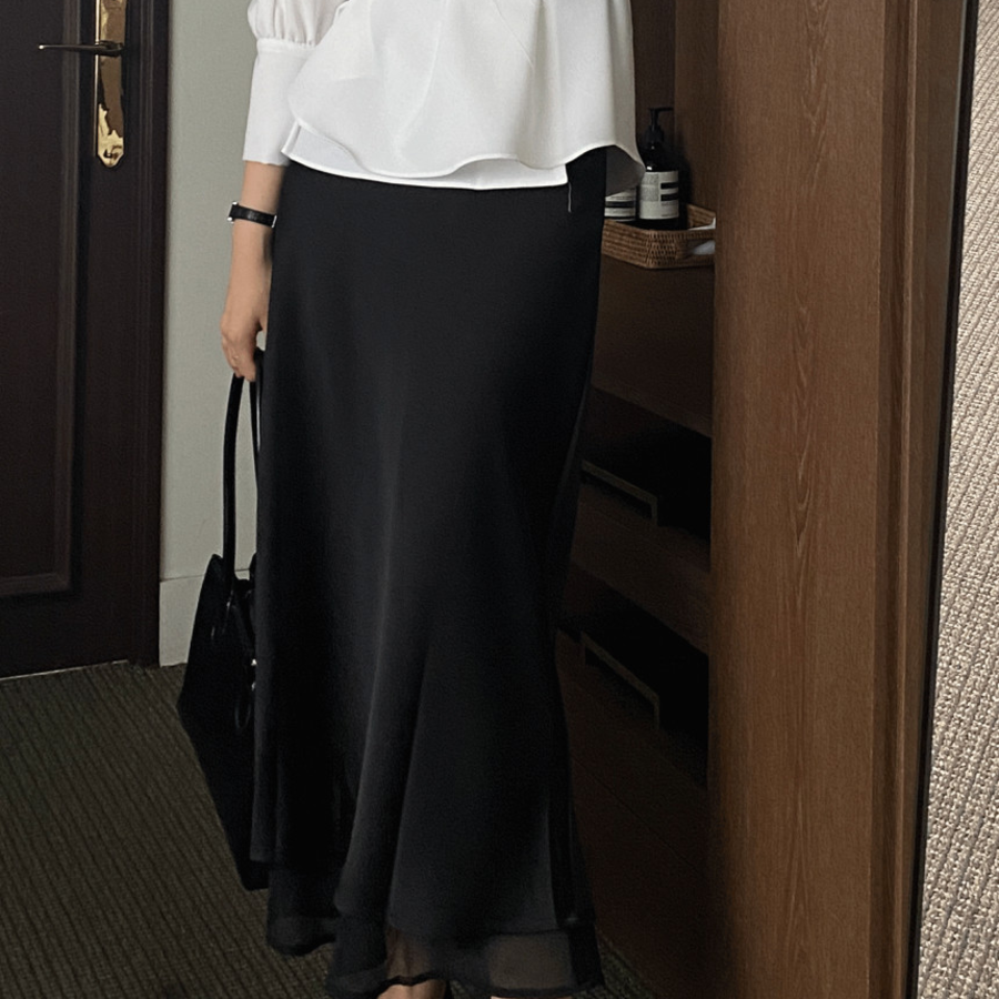 Длинная атласная юбка с полупрозрачным верхним слоем и эластичным поясом