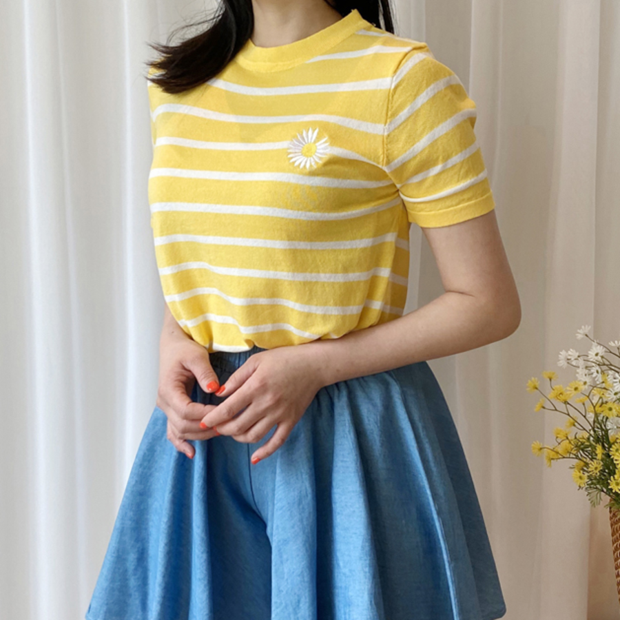 Daisy Flower Embroidered Stripe Summer T-Shirt
