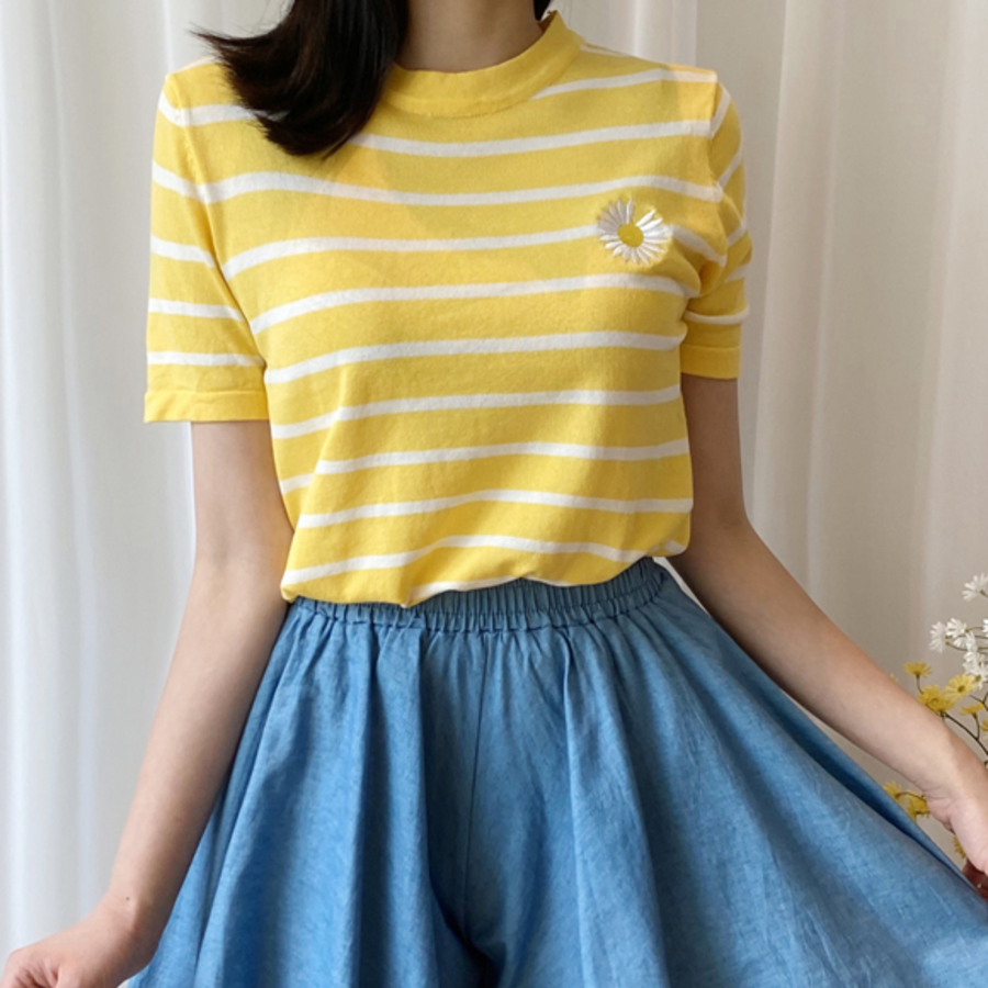 Daisy Flower Embroidered Stripe Summer T-Shirt