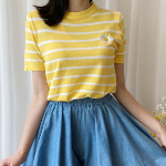 Daisy Flower Embroidered Stripe Summer T-Shirt