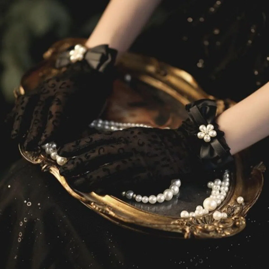 Женские Перчатки с Леопардовым Кружевом, Жемчужинами и Бантиком — смелый акцент для вечеринок и свадеб