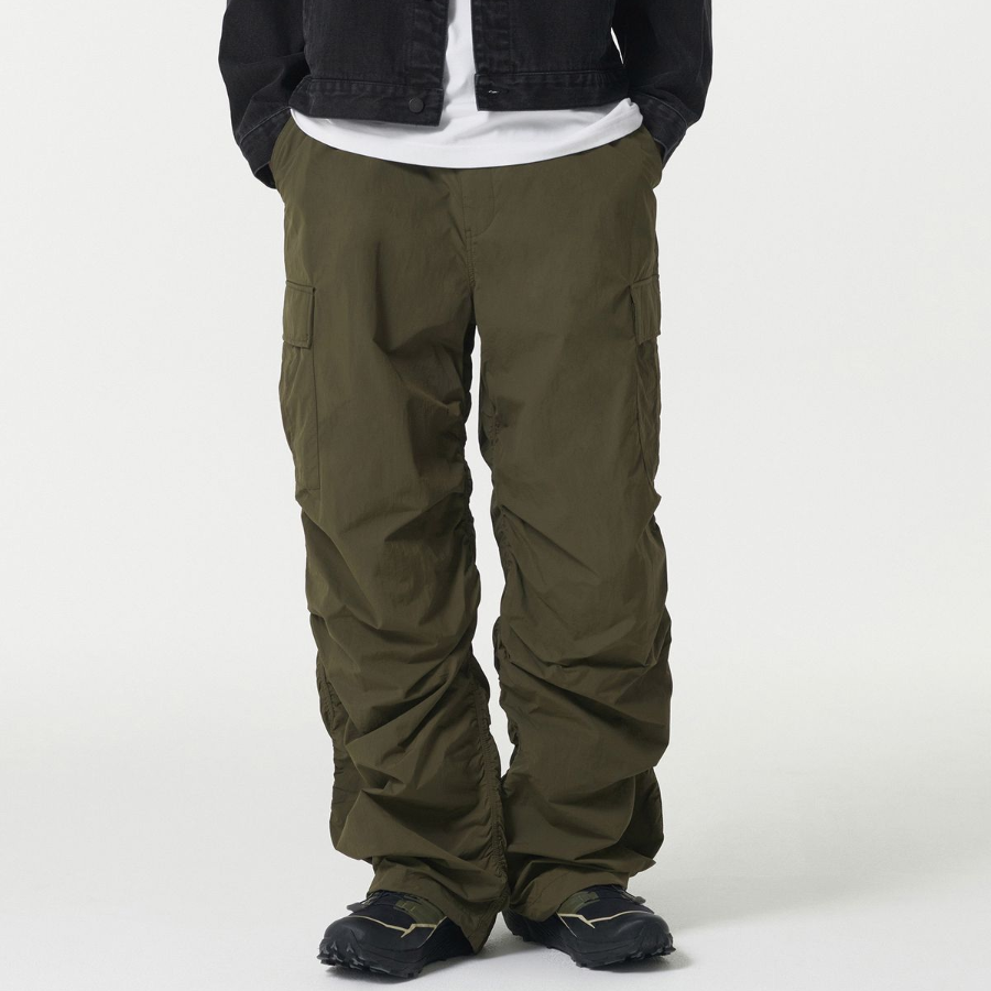 Nylon Wide Shirring Cargo Pants [Olive]