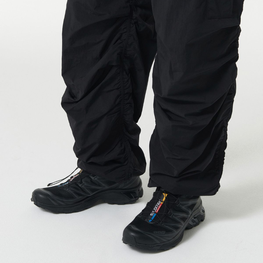 Nylon Wide Shirring Cargo Pants [Black]