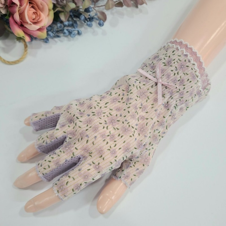 Женские Полуперчатки с Кружевом, Мелким Цветочным Узором и Бантом — лёгкая UV-защита с ноткой романтики