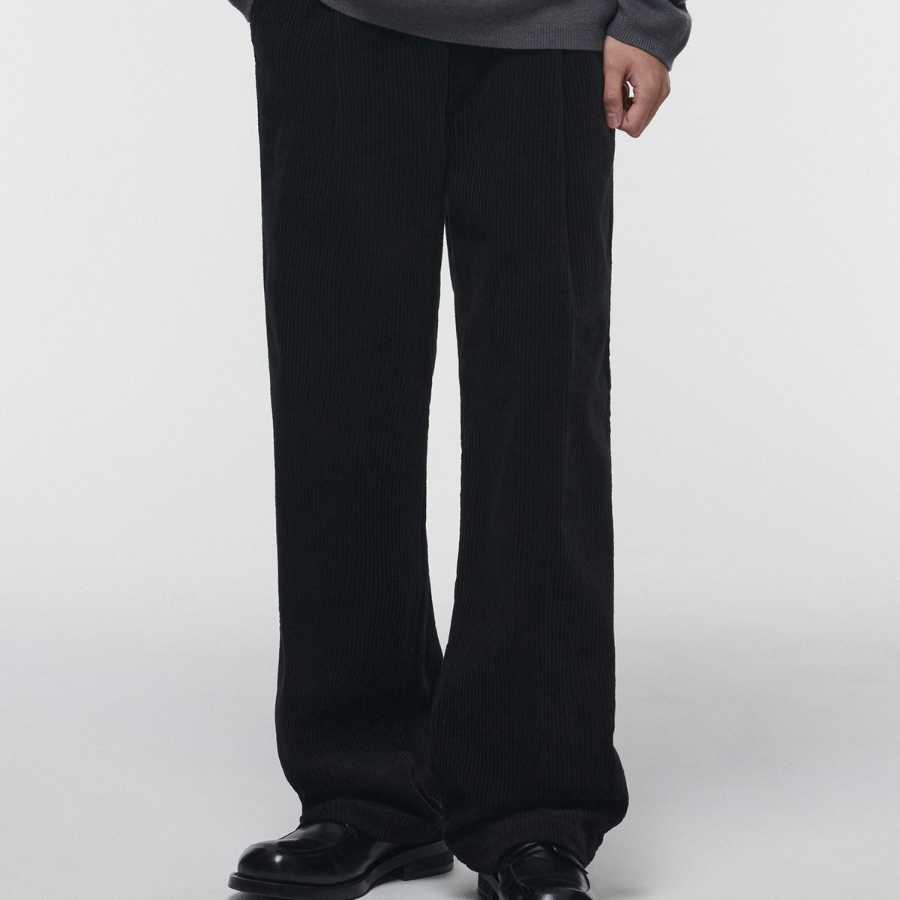One Tuck Wide Corduroy Banding Pants [Black]