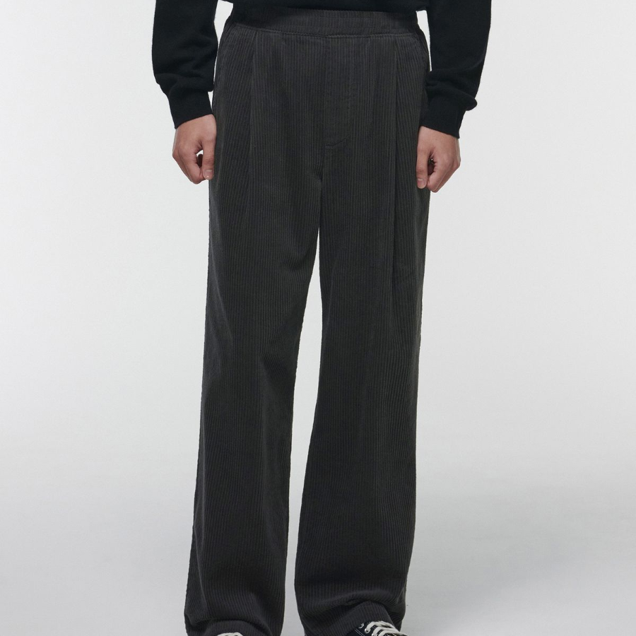 One Tuck Wide Corduroy Banding Pants [Dark Gray]