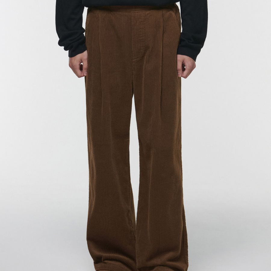One Tuck Wide Corduroy Banding Pants [Brown]