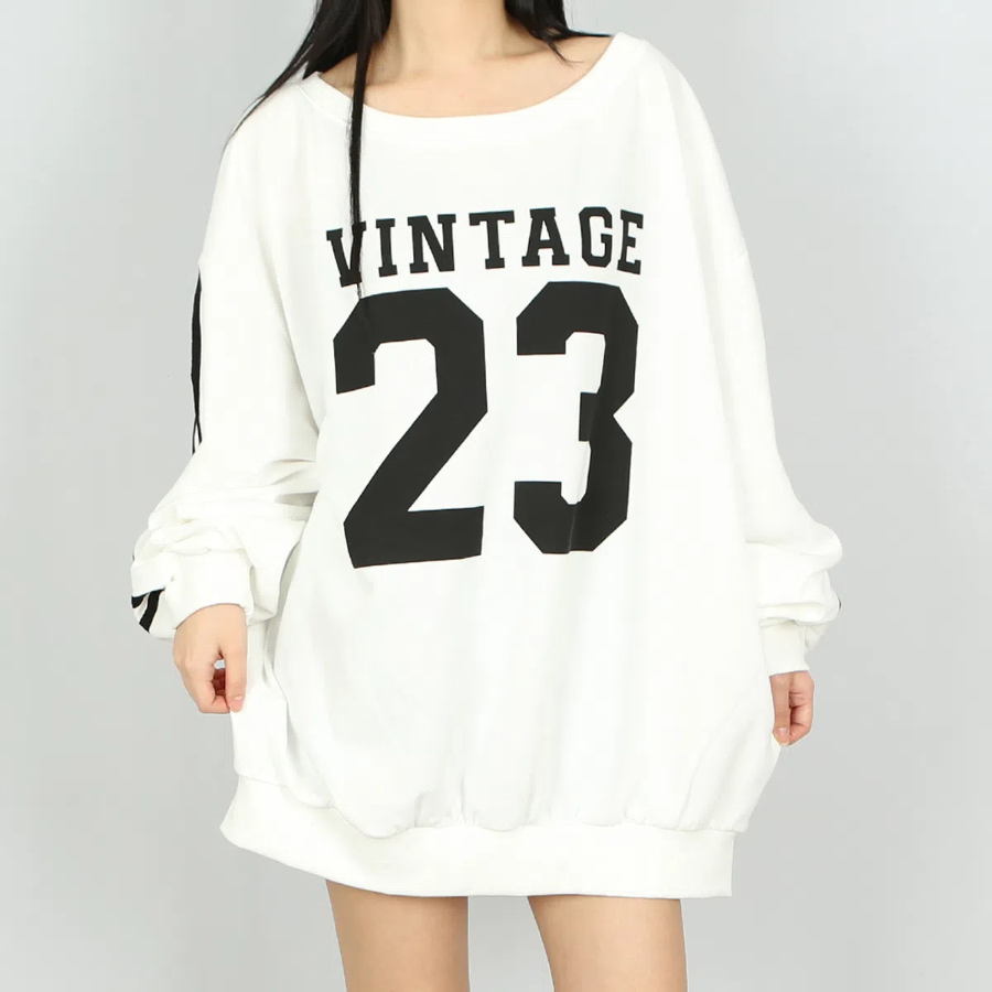 Lettering Off-Neck Line Contrast Oversized Sweatshirt