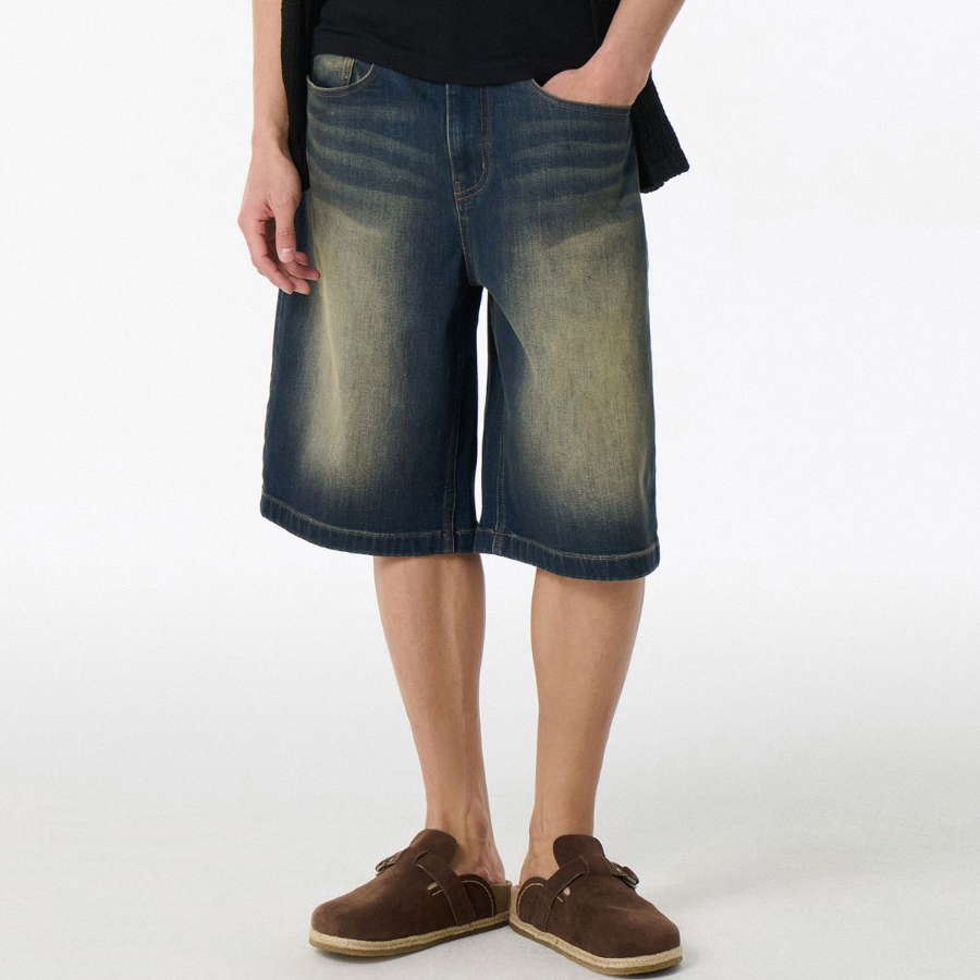 [Cooltandard] Big Brush Bermuda Denim Pants [Yellow Dark Blue]