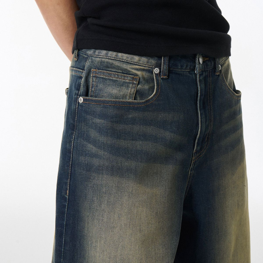 [Cooltandard] Big Brush Bermuda Denim Pants [Yellow Dark Blue]