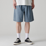 Linen Like Two-Tuck Wide Denim Shorts [Light Indigo]