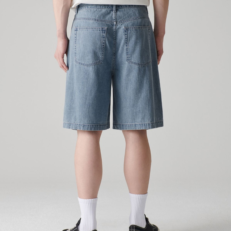 Linen Like Two-Tuck Wide Denim Shorts [Light Indigo]