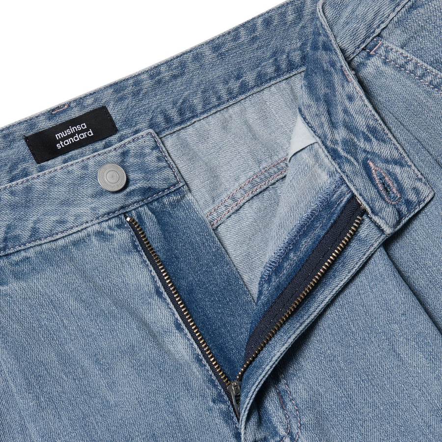 Linen Like Two-Tuck Wide Denim Shorts [Light Indigo]