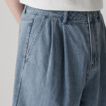 Linen Like Two-Tuck Wide Denim Shorts [Light Indigo]