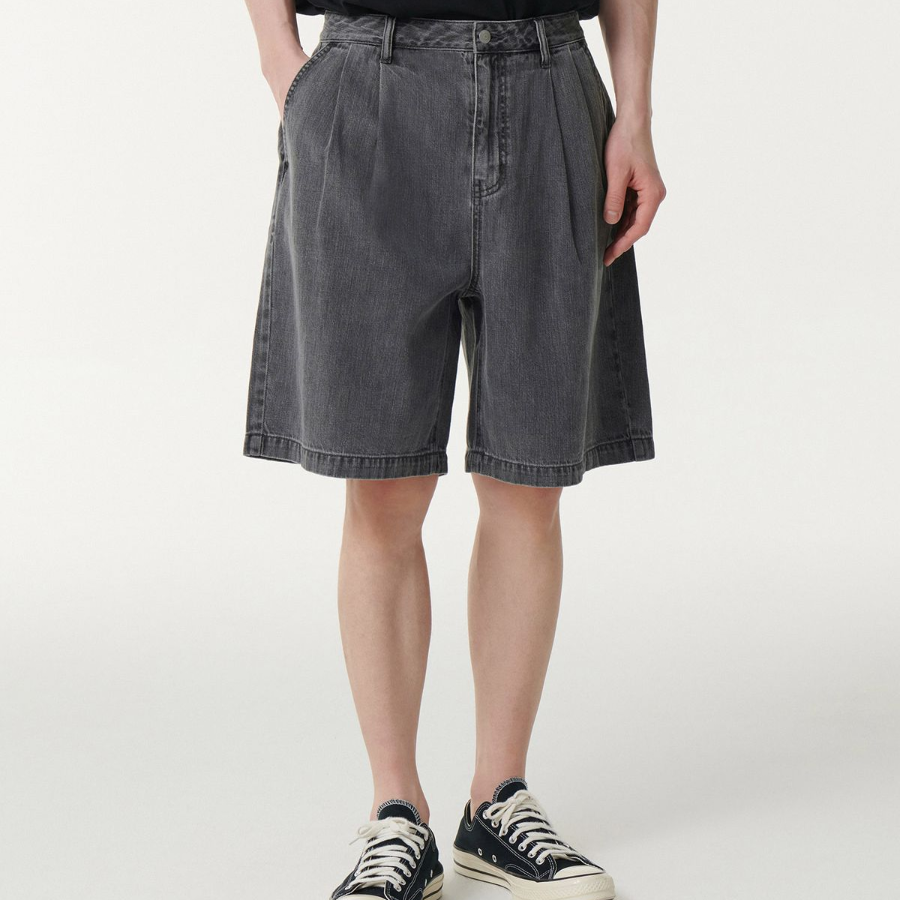Linen Like Two-Tuck Wide Denim Shorts [Gray]