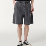 Linen Like Two-Tuck Wide Denim Shorts [Gray]