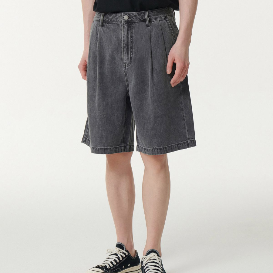 Linen Like Two-Tuck Wide Denim Shorts [Gray]