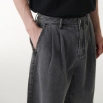 Linen Like Two-Tuck Wide Denim Shorts [Gray]