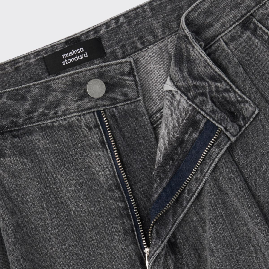 Linen Like Two-Tuck Wide Denim Shorts [Gray]