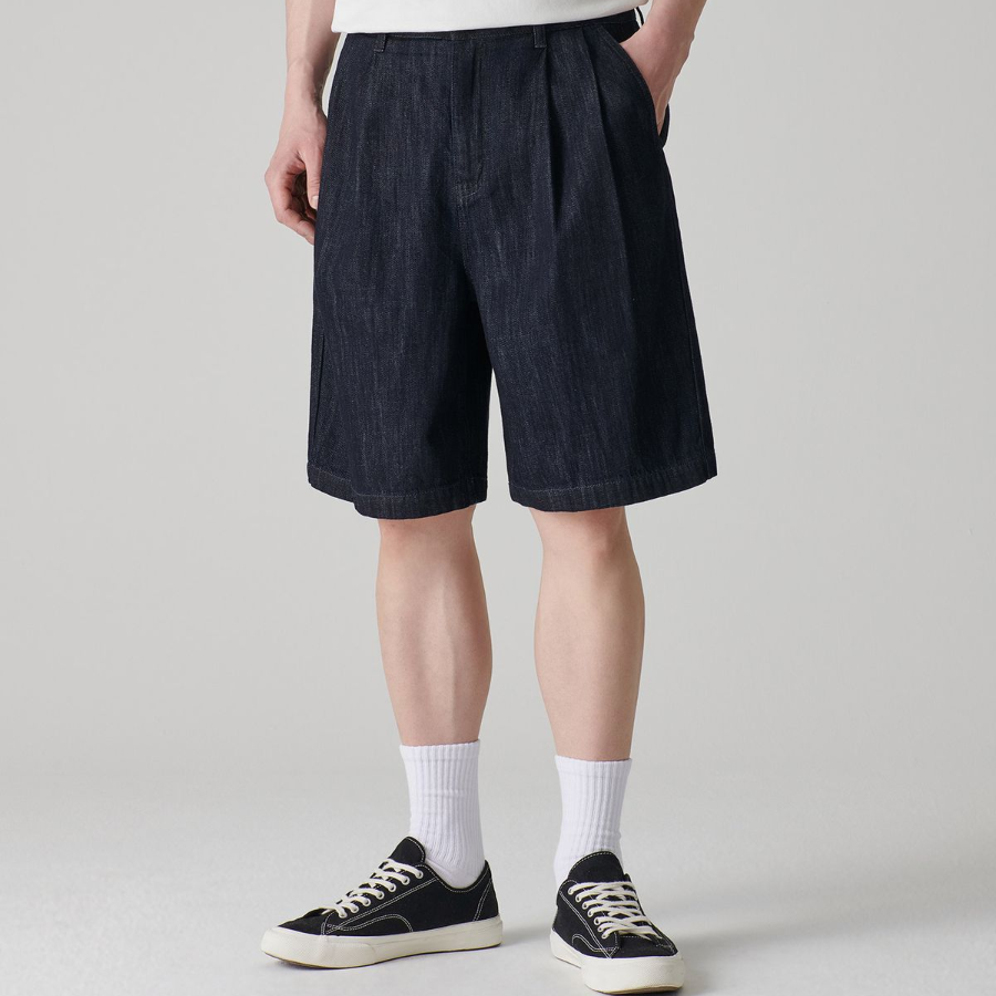 Linen Like Two-Tuck Wide Denim Shorts [Deep Indigo]