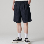 Linen Like Two-Tuck Wide Denim Shorts [Deep Indigo]