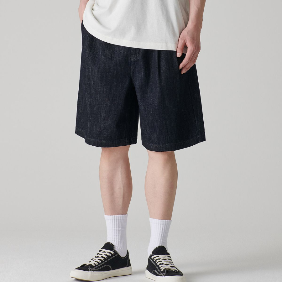 Linen Like Two-Tuck Wide Denim Shorts [Deep Indigo]