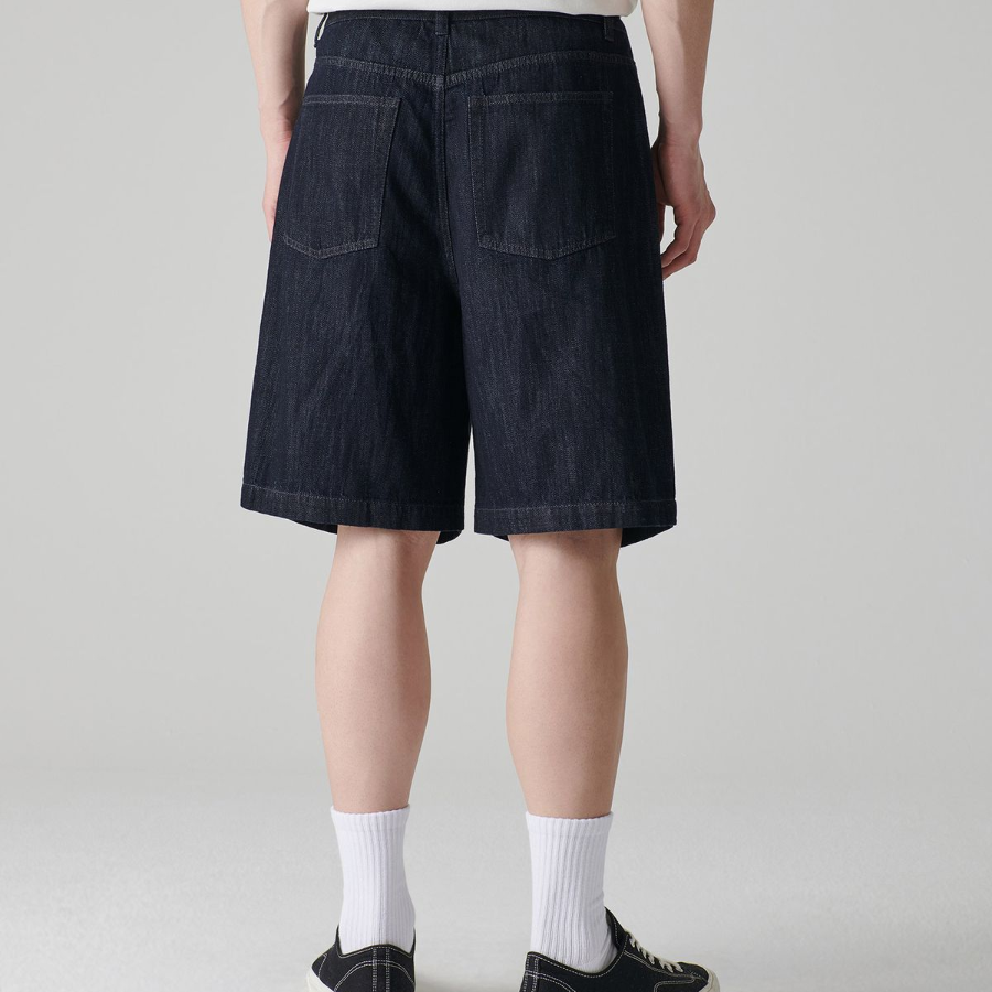 Linen Like Two-Tuck Wide Denim Shorts [Deep Indigo]