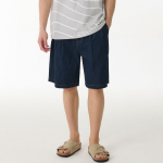 Linen Like Two-Tuck Wide Denim Shorts [Dark Blue]