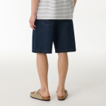 Linen Like Two-Tuck Wide Denim Shorts [Dark Blue]