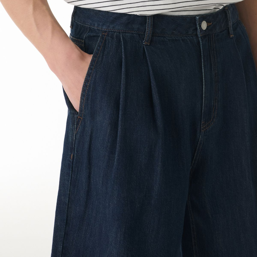 Linen Like Two-Tuck Wide Denim Shorts [Dark Blue]