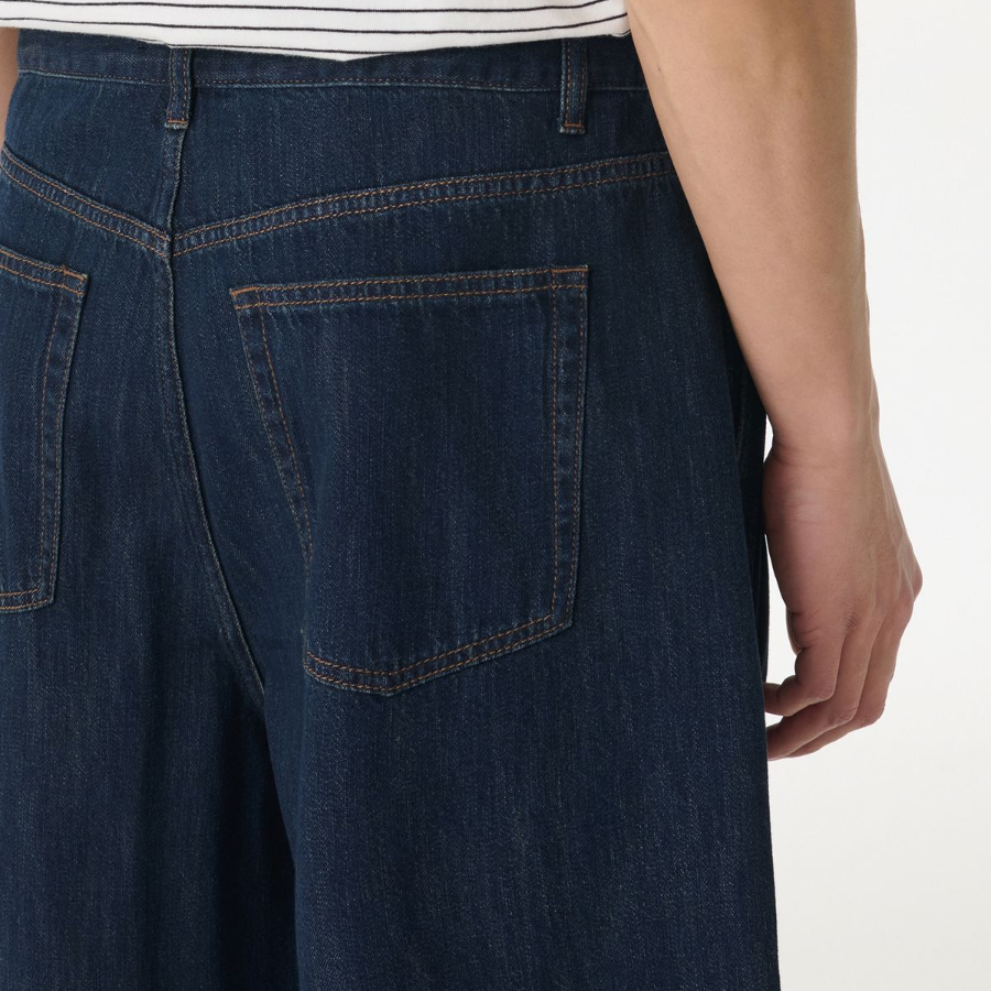 Linen Like Two-Tuck Wide Denim Shorts [Dark Blue]