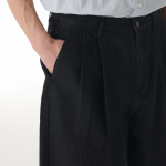 Linen Like Two-Tuck Wide Denim Shorts [Black]