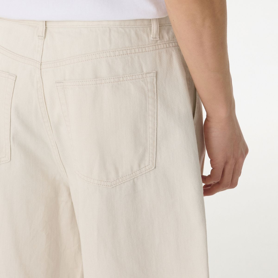 Linen Like Two-Tuck Wide Denim Shorts [Cream]