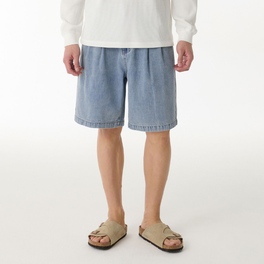 Linen Like Two-Tuck Wide Denim Shorts [Sky Blue]