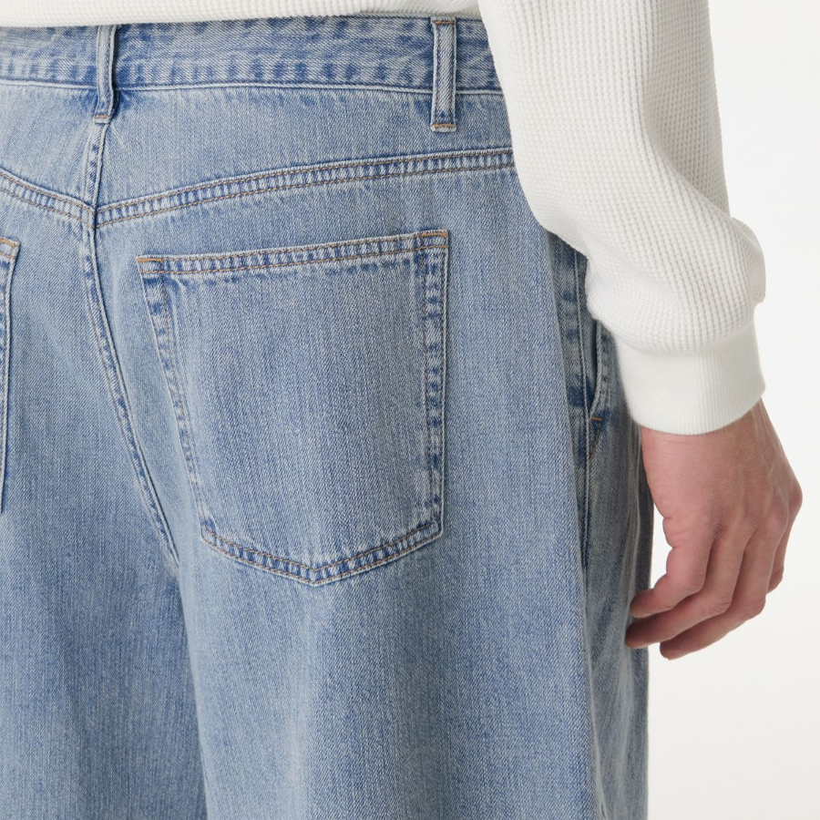 Linen Like Two-Tuck Wide Denim Shorts [Sky Blue]