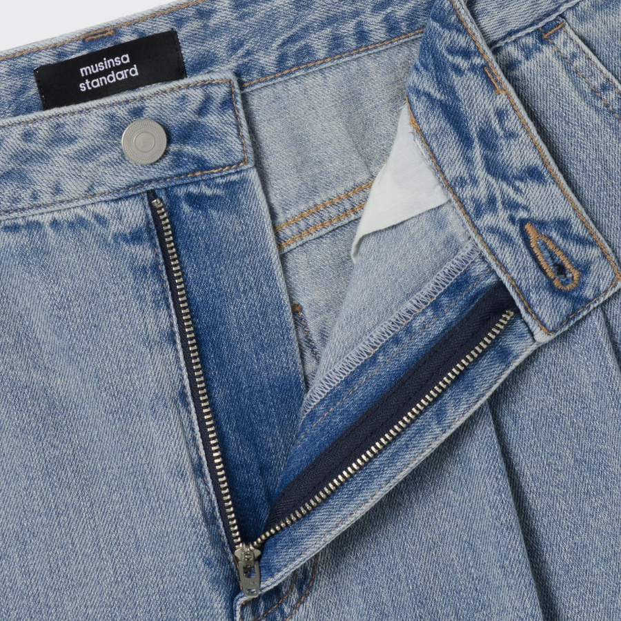 Linen Like Two-Tuck Wide Denim Shorts [Sky Blue]