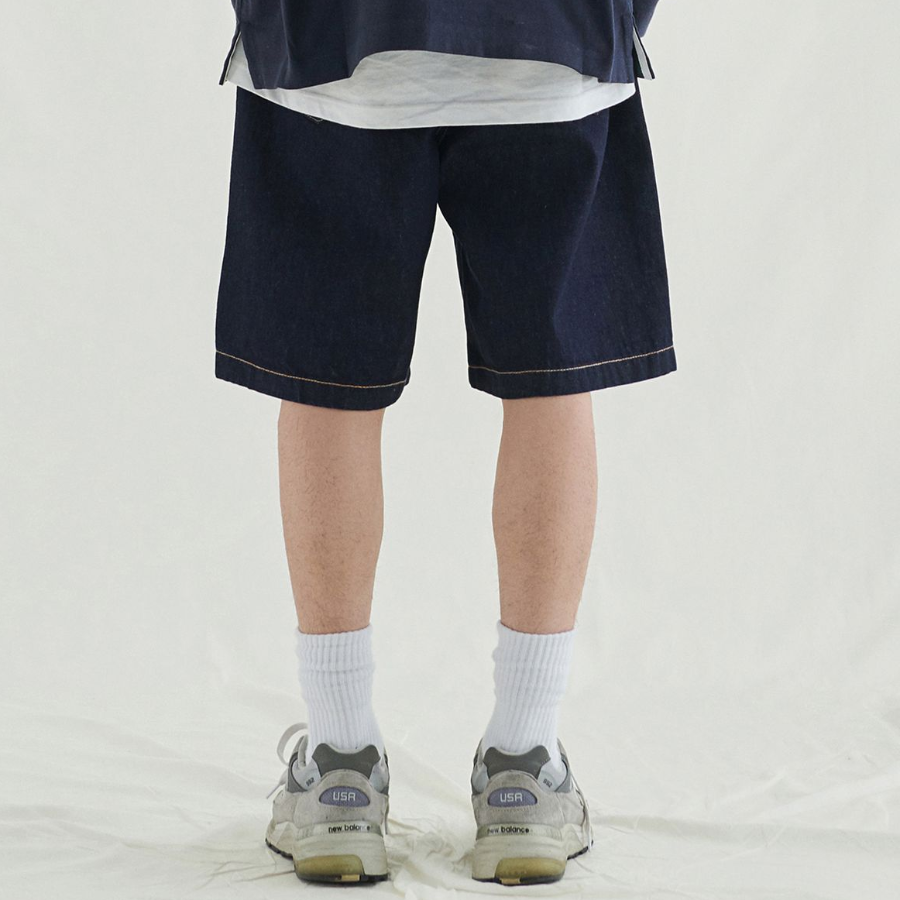 Wide Denim Half Pants [Dark Blue]