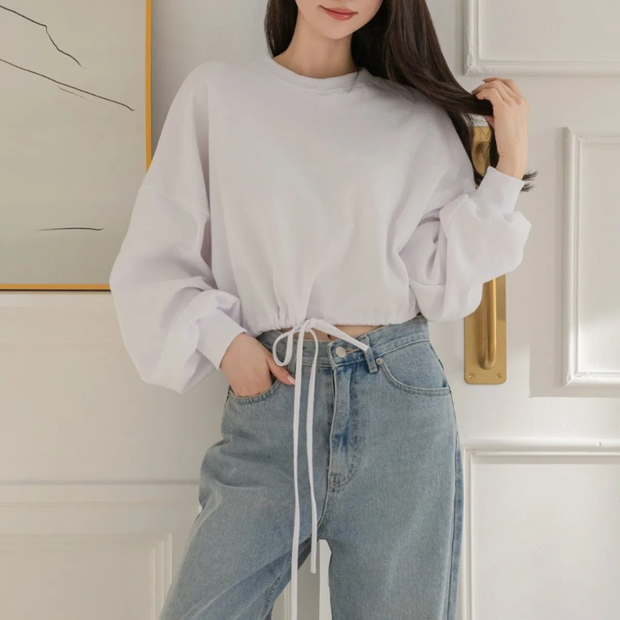 Loose Fit Waist String Crop Sweatshirt T-shirt