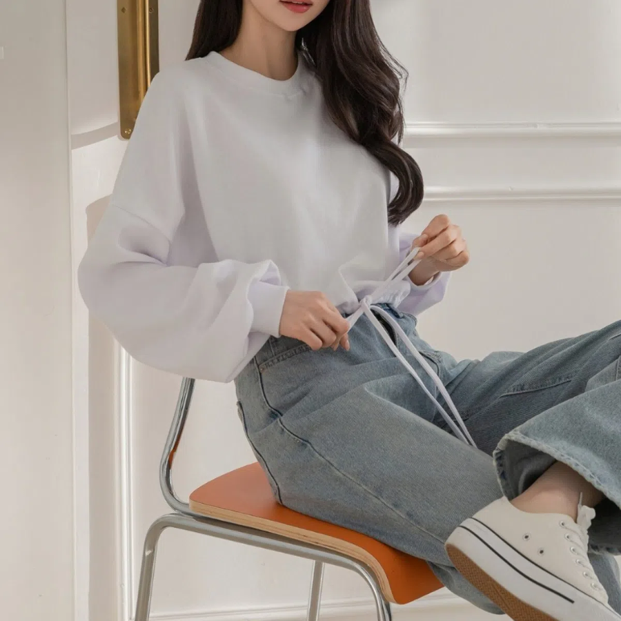 Loose Fit Waist String Crop Sweatshirt T-shirt