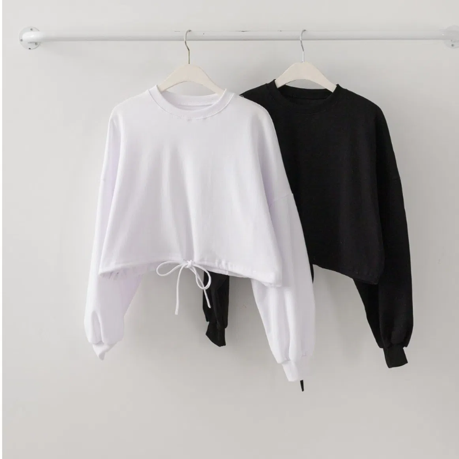 Loose Fit Waist String Crop Sweatshirt T-shirt
