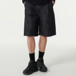 Vertical Slub One Tuck Wide Denim Shorts [Black]