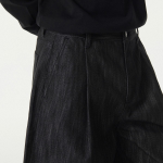 Vertical Slub One Tuck Wide Denim Shorts [Black]