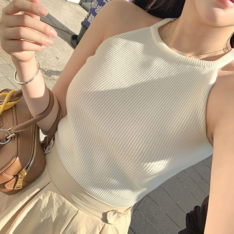 Miley Halterneck Semi-Crop Summer Knit Tank Top
