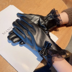 Женские Зимние Кожаные Перчатки с Кружевом и Бантом — элегантность с функцией Touch