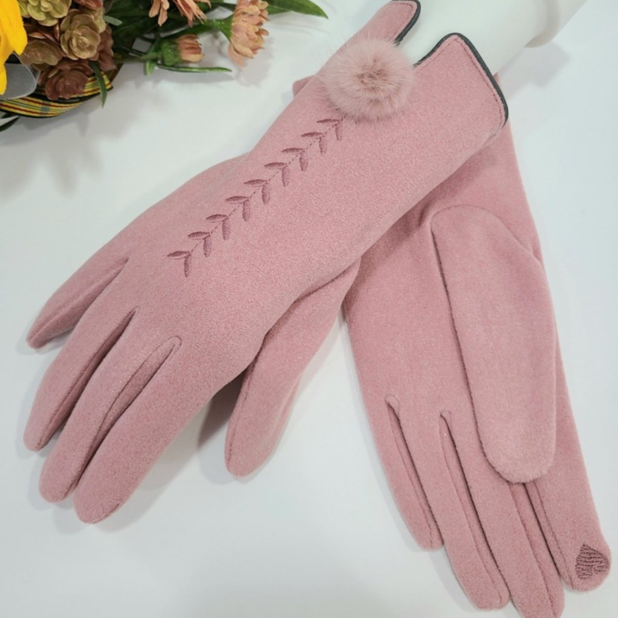 Женские Зимние Перчатки с Вышивкой в Виде Листьев, Меховыми Помпонами и Touch-функцией — уют и изящество в деталях